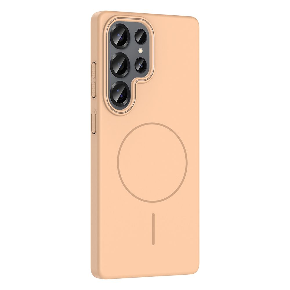 Şeftali renkli telefon kılıfı, kamera lensleri ve bir daire ile dikey çizgi tasarımı.