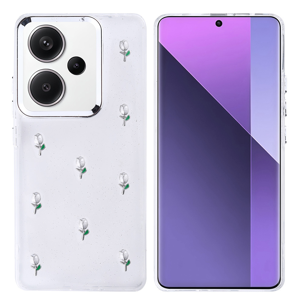 Bir telefon ve kılıfı. Kılıf, beyaz parıltılı ve çiçek figürlü şeffaf. Telefon ekranı mor ve siyah.