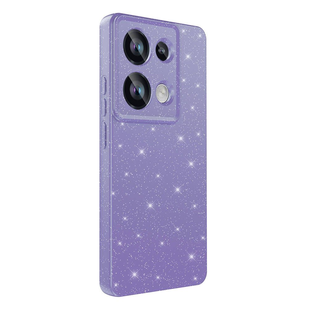 Parıltı efektli mor bir telefon kılıfı. Kamera lensleri ve yan düğmeleri var.