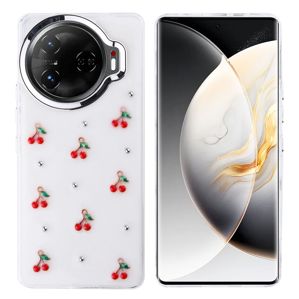 Kirazlı bir telefon kılıfı ve bir telefon. Kılıf beyaz, kırmızı kirazlı. Telefonun siyah bir ekranı var.