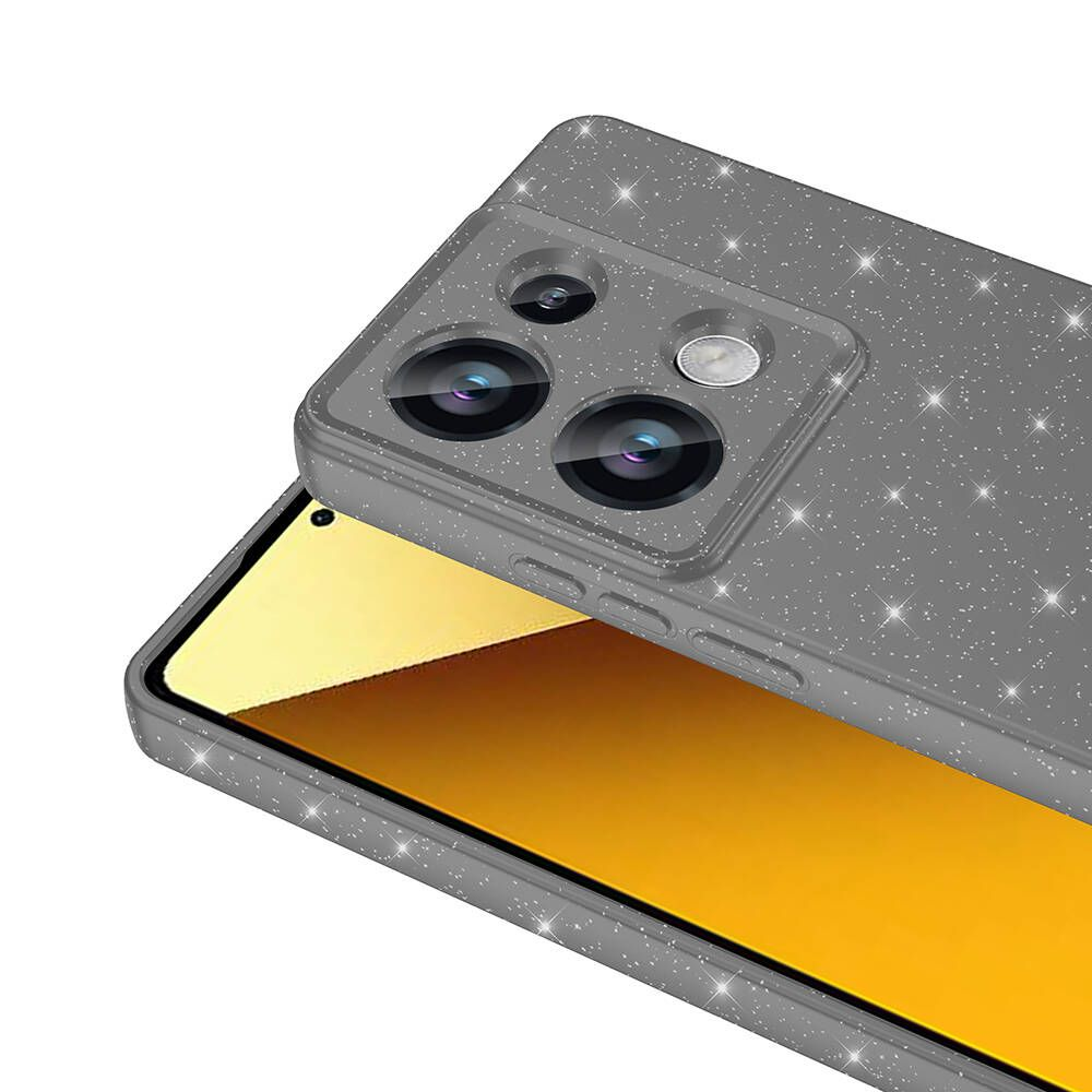 Glitterli gri bir telefon kılıfı. Telefon ekranı sarı bir renk gösteriyor. Sol üst köşede kamera lensleri var.
