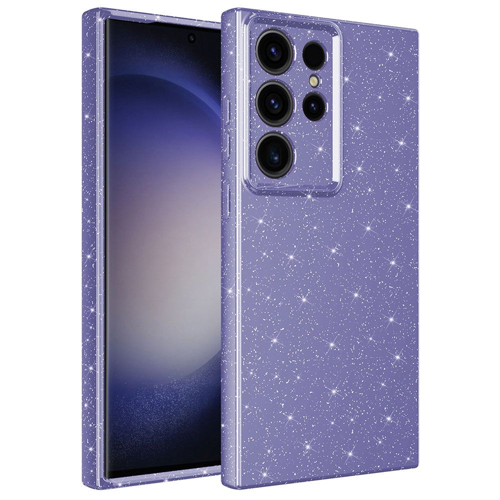 İçinde telefon olan mor renkli, ışıltılı bir telefon kılıfı. Kılıfın kamera lensleri için açıklıkları var. Telefon ekranı görülebilir.