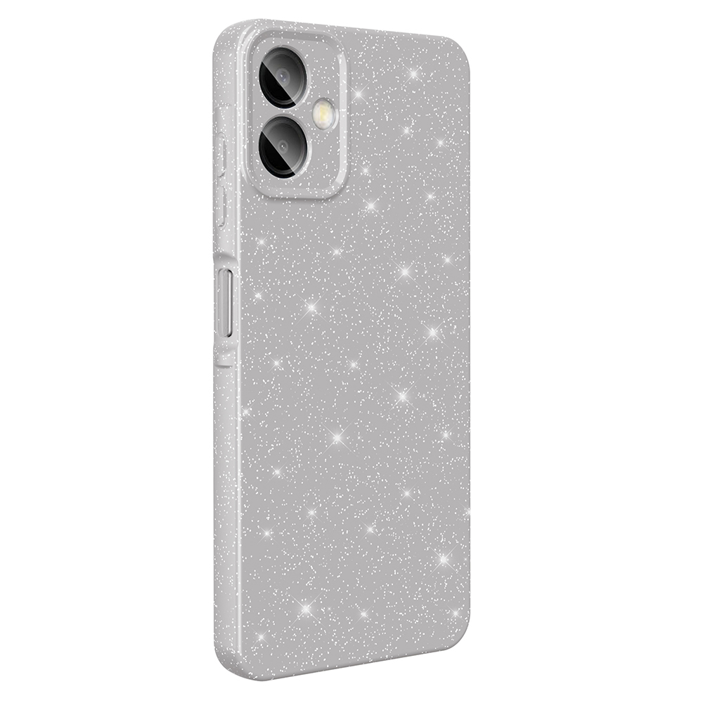 Işıltılı desenli, açık gri bir telefon kılıfı. Kamera kesikleri ve yan düğmeleri var. Kılıf yeni ve temiz.