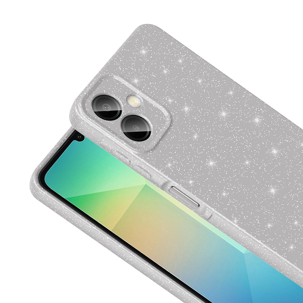 Simli gümüş telefon kılıfı ve yeşil ve sarı gösteren bir telefon ekranı. Kılıfın kamera kesikleri ve düğmeleri var.