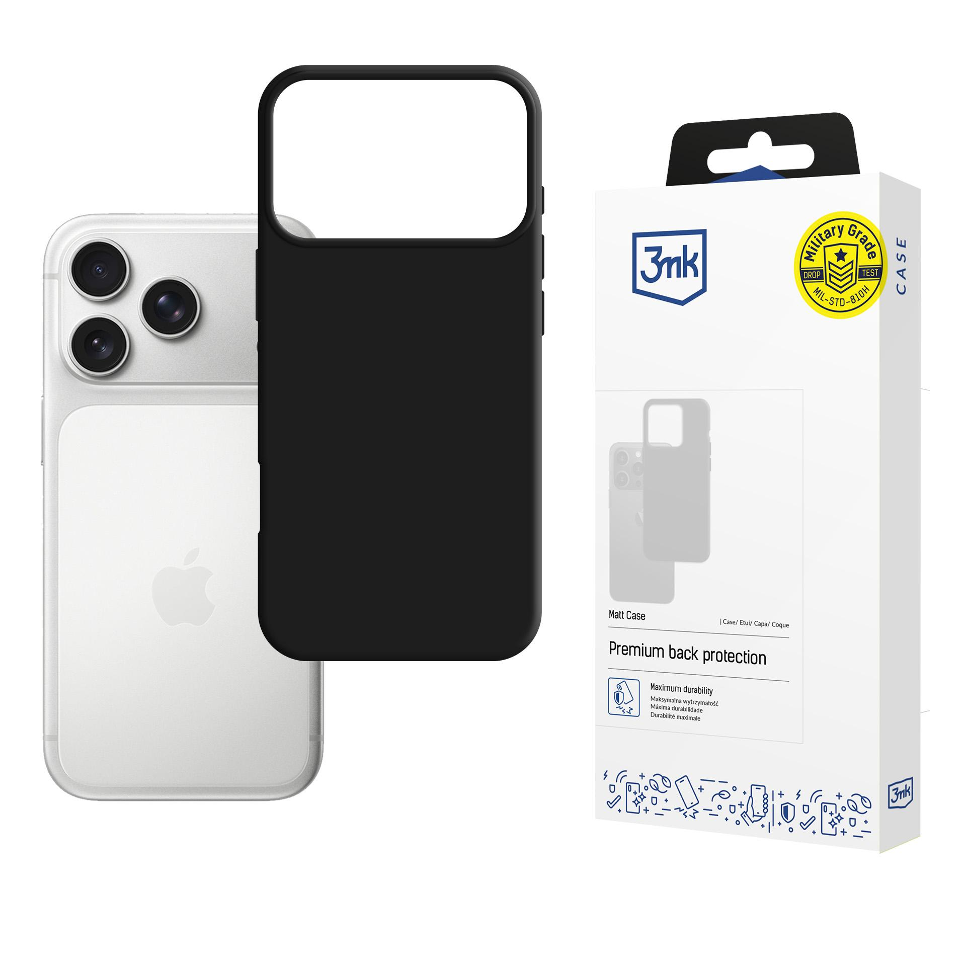 iPhone obok czarnego etui, z pudełkiem produktu po prawej, które ma logo klasy wojskowej.
