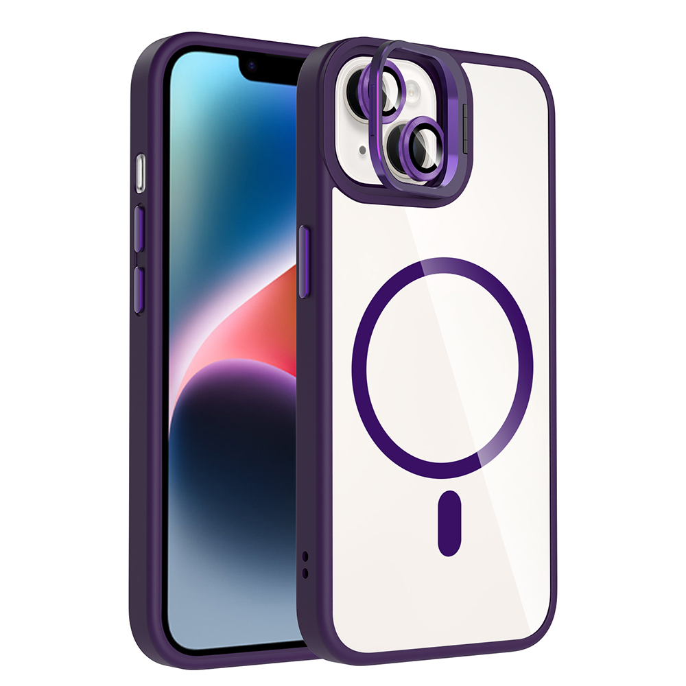 Mor renkli bir kılıf içinde bir iPhone. Kılıfın mor bir daire ve eksi işareti olan şeffaf bir arka yüzü ve bir kamera lens koruyucusu var.