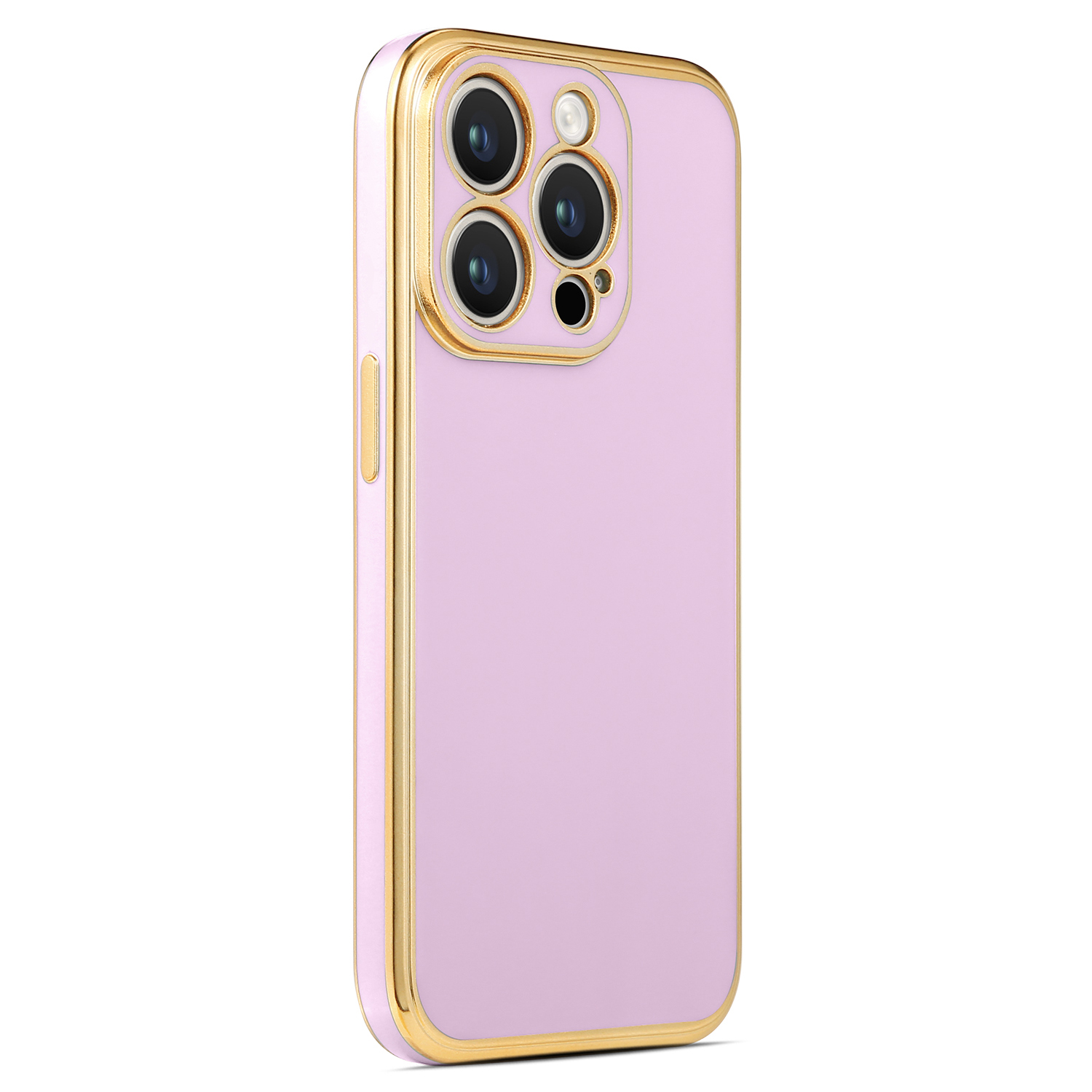 Altın kenarlı ve kamera detaylı pembe bir telefon kılıfı beyaz bir arka plan üzerinde gösteriliyor.