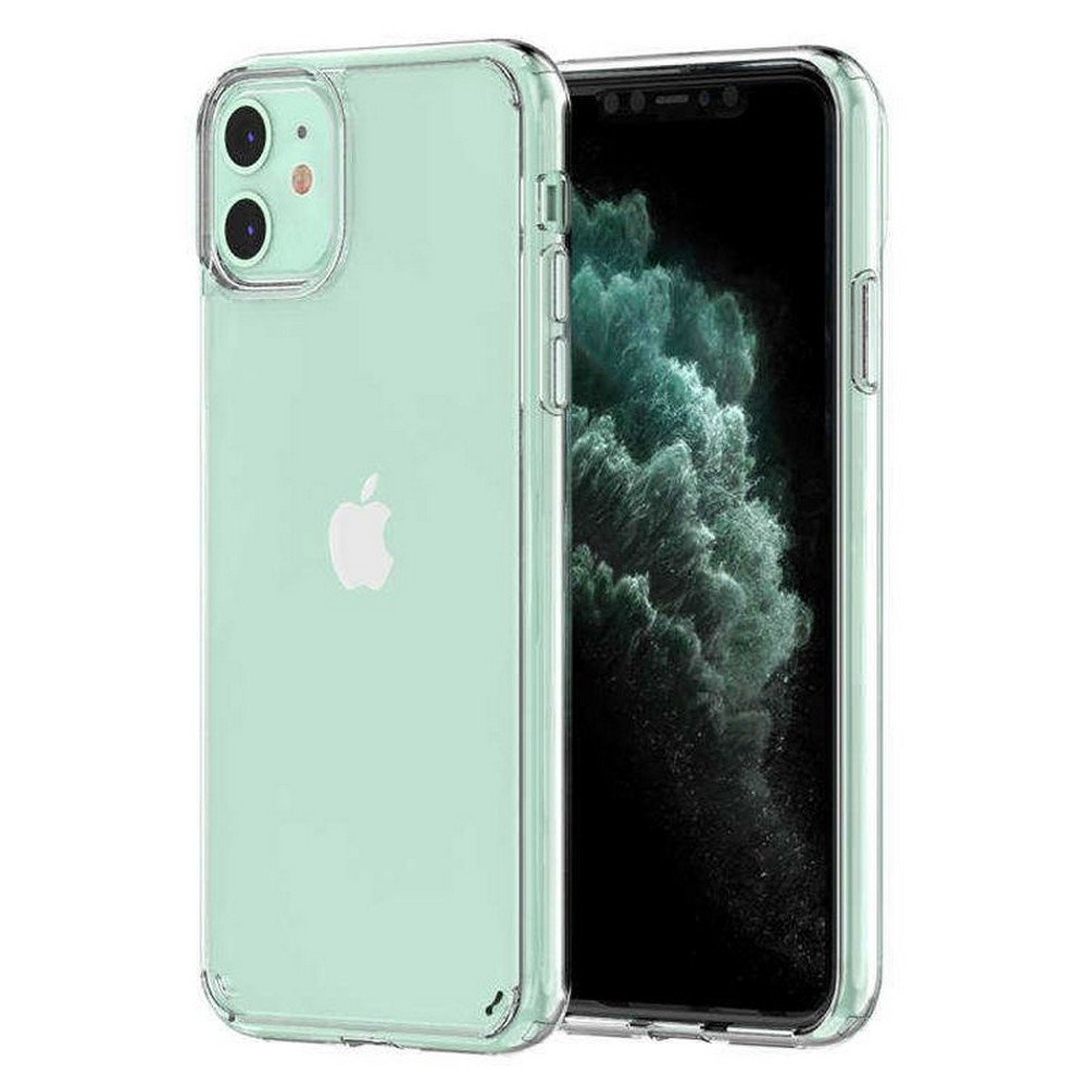 Şeffaf nane yeşili bir kılıf içinde bir iPhone. Telefonun siyah ekranı var. Apple logosu görünür durumda.