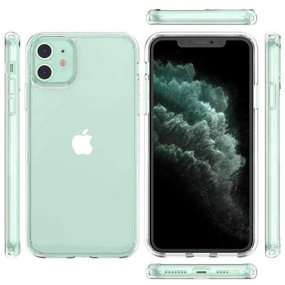 Şeffaf nane yeşili kılıf içinde bir iPhone 11, cihazı çeşitli açılardan gösteriyor. Telefonun ekranı siyah, bulutlu bir görüntü gösteriyor.