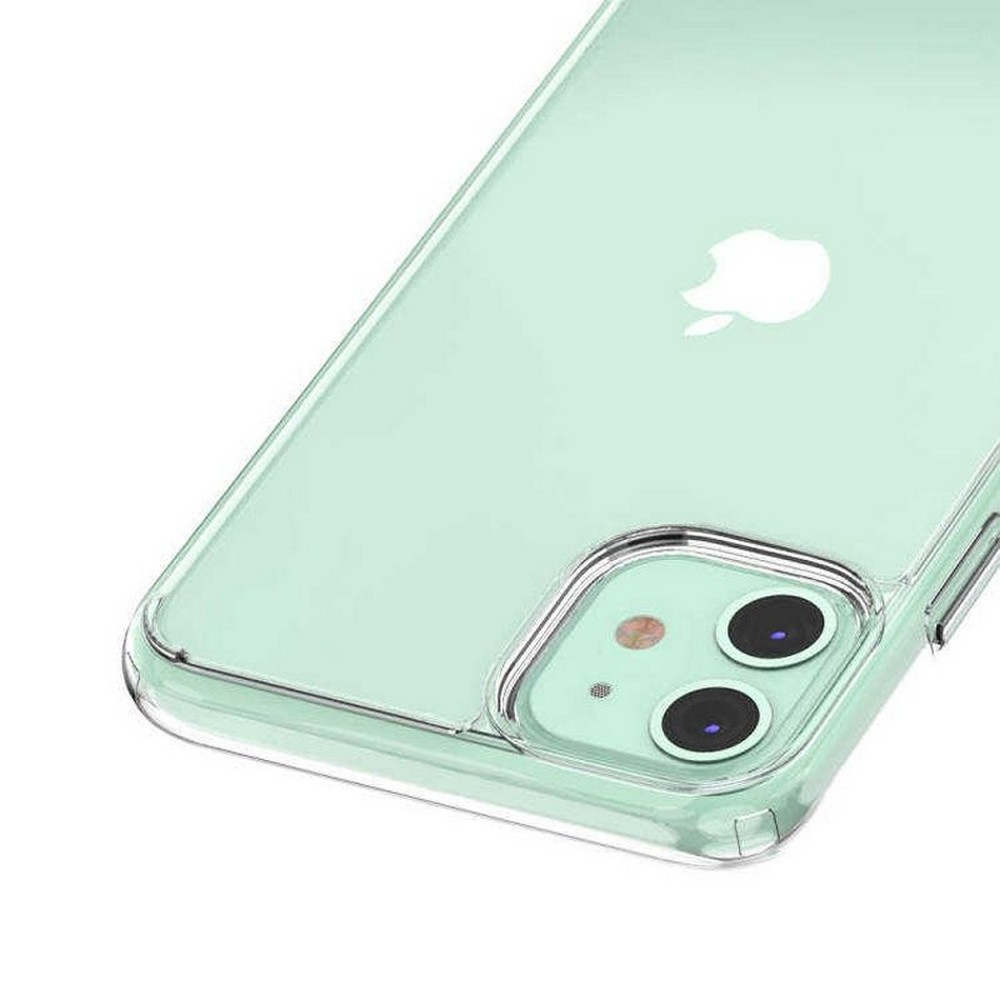 Nane yeşili bir iPhone kılıfının yakın çekimi. Kılıfın şeffaf bir kenarı ve Apple logosu var. Kamera iki siyah lensle görülebilir.