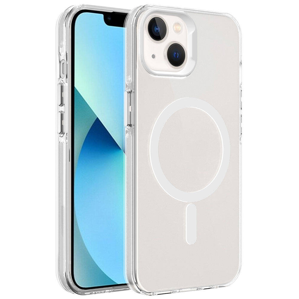 İçinde bir telefon bulunan şeffaf telefon kılıfı. Kılıfın beyaz bir dairesi ve dikey bir çizgisi var. Ekran mavi.
