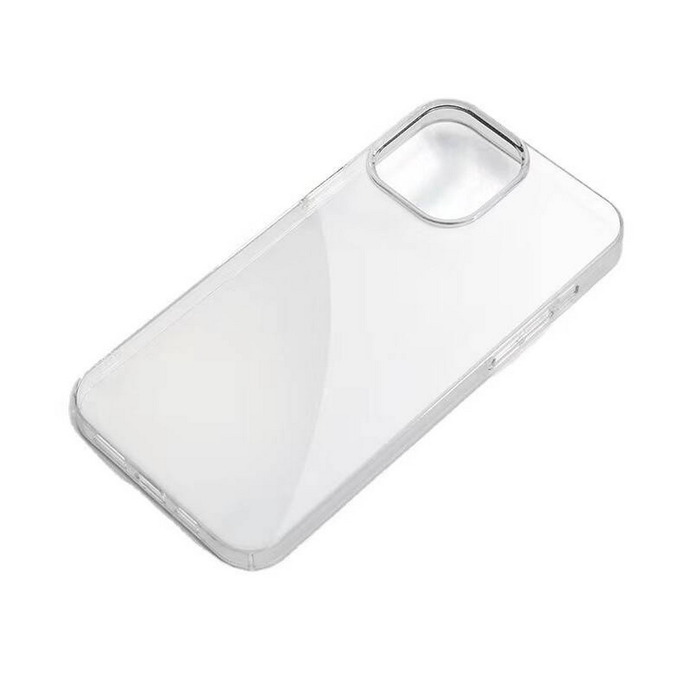Şeffaf, şeffaf bir telefon kılıfı. Yuvarlak köşeli ve kamera delikli, dikdörtgen bir şekle sahiptir.