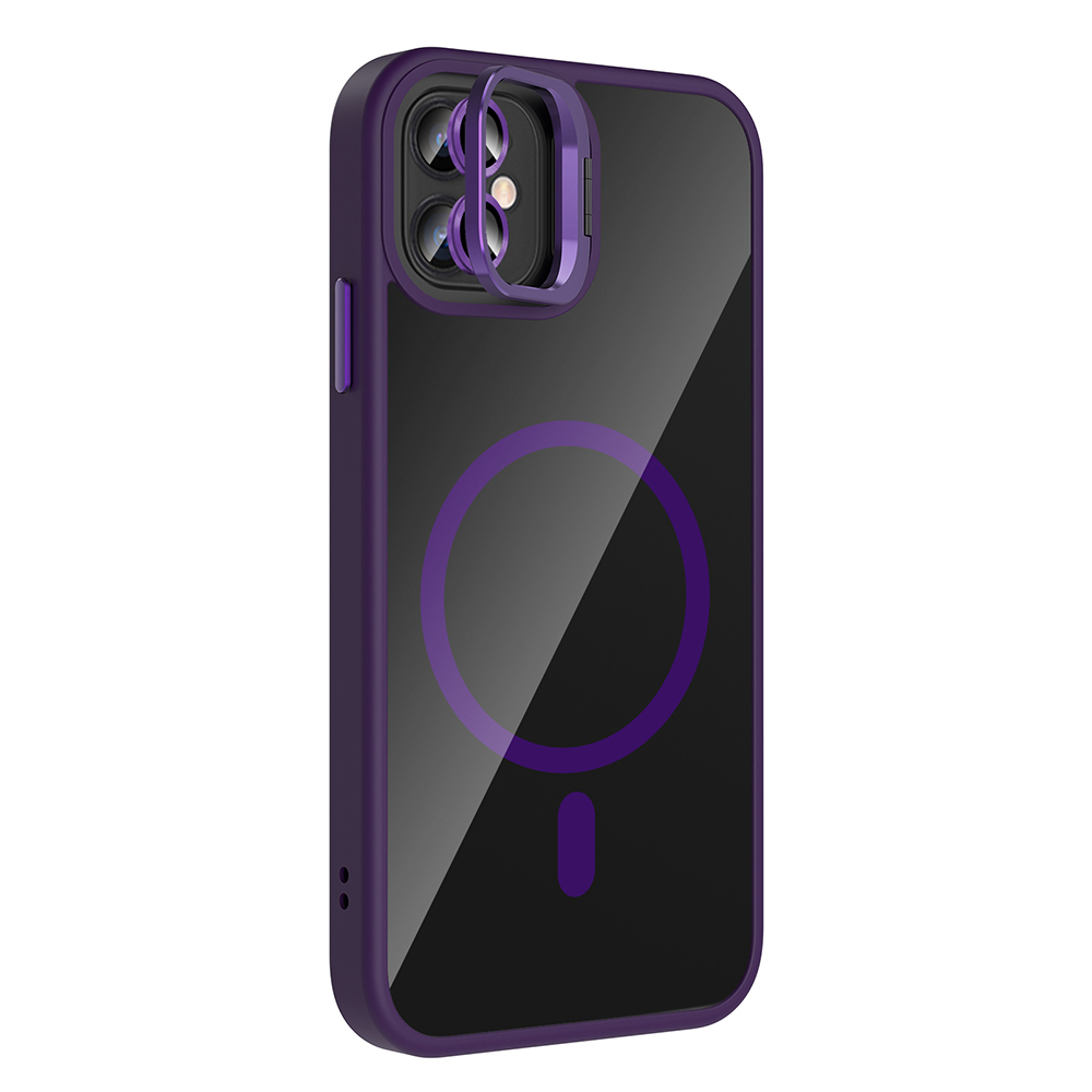 Şeffaf arka yüzü olan mor bir telefon kılıfı. Kamera koruyucusu ve mor bir daire tasarımı vardır. Kılıf bir iPhone içindir.