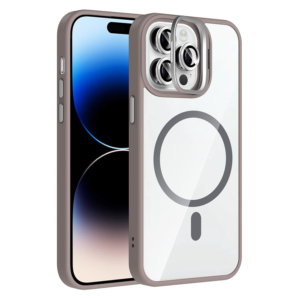 Gri çerçeveli şeffaf bir kılıfın içindeki bir iPhone. Kılıfın kamera koruyucusu ve manyetik bir dairesi var.
