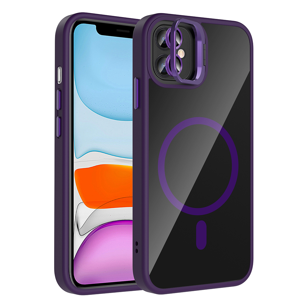 Mor renkli, siyah arka yüzeyli bir telefon kılıfı, mor bir daire ve eksi işareti içeriyor. İçindeki telefon turuncu ve mavi bir ekrana sahip.