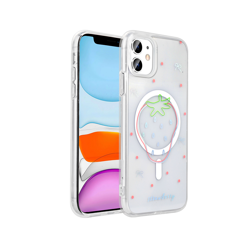 Çilek desenli şeffaf kılıflı bir iPhone. Kılıf üzerinde kırmızı noktalar ve kurdeleler, ayrıca 'çilek' kelimesi bulunuyor.