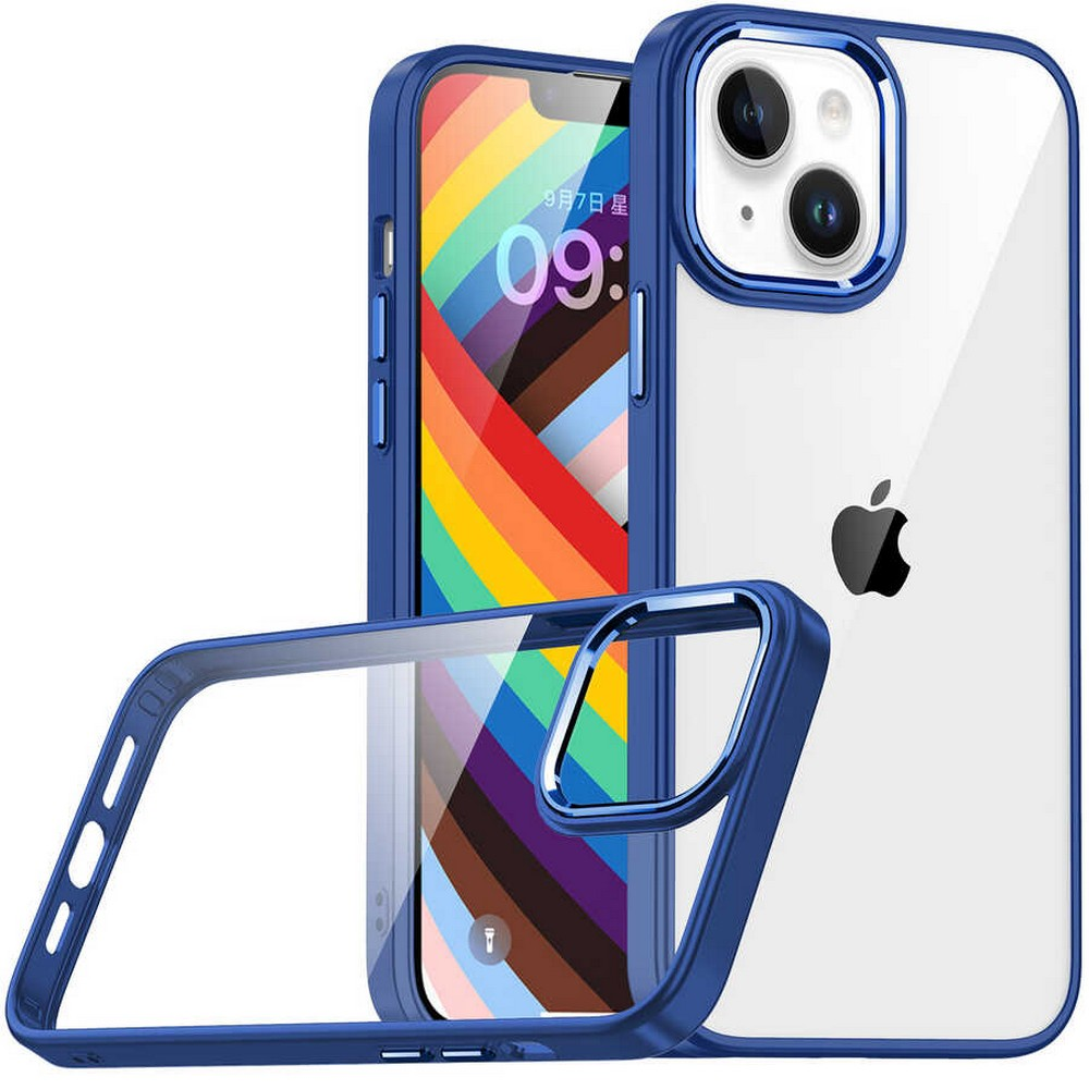 Mavi çerçeveli şeffaf bir telefon kılıfı. İçinde, gökkuşağı ekranı gösteren bir iPhone var. Kılıf, kamerayı ve yanları korur.