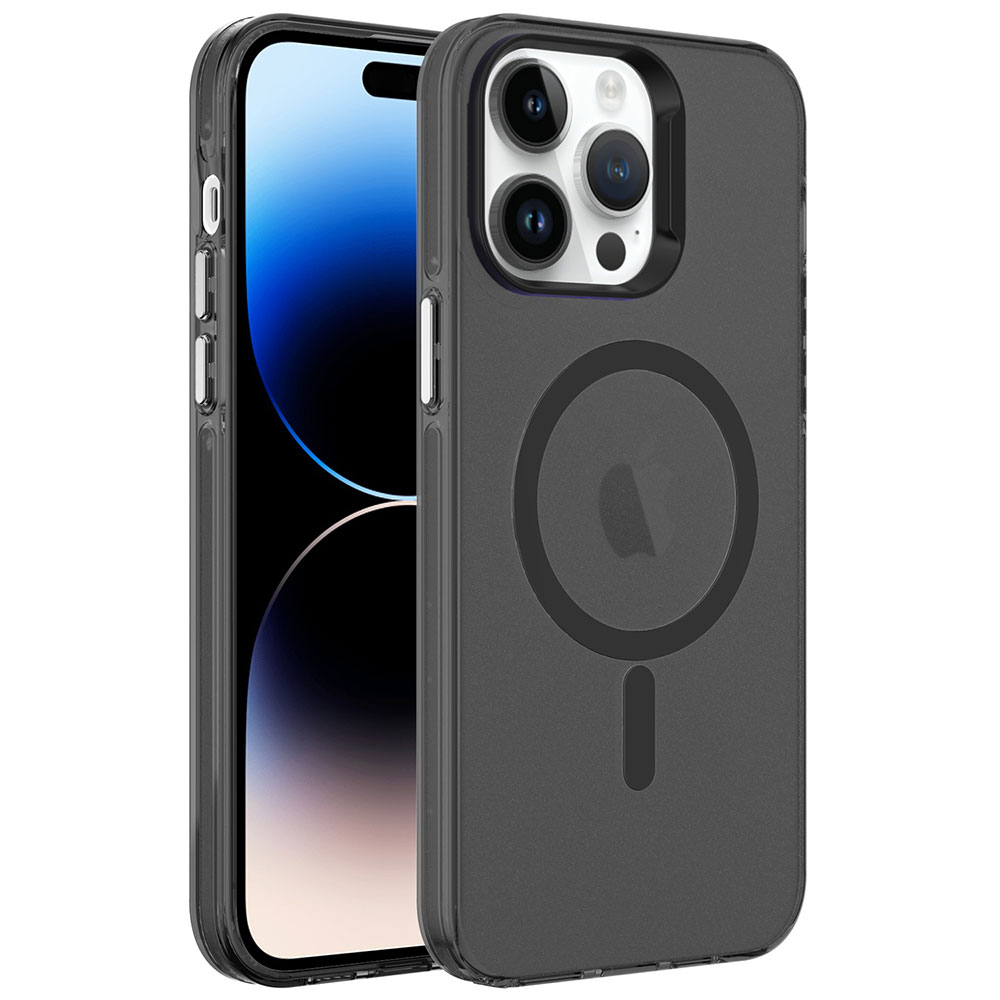 Siyah bir kılıfı olan bir akıllı telefon. Kılıf, Apple logosu ile dairesel bir özelliğe sahiptir. Telefonun ekranı görünür.
