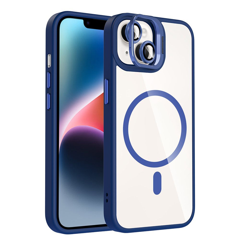 Mavi ve beyaz bir telefon kılıfı. Kamera koruyucusu var. İçindeki telefon, mavi ve kırmızı renklerle ekranı gösteriyor.
