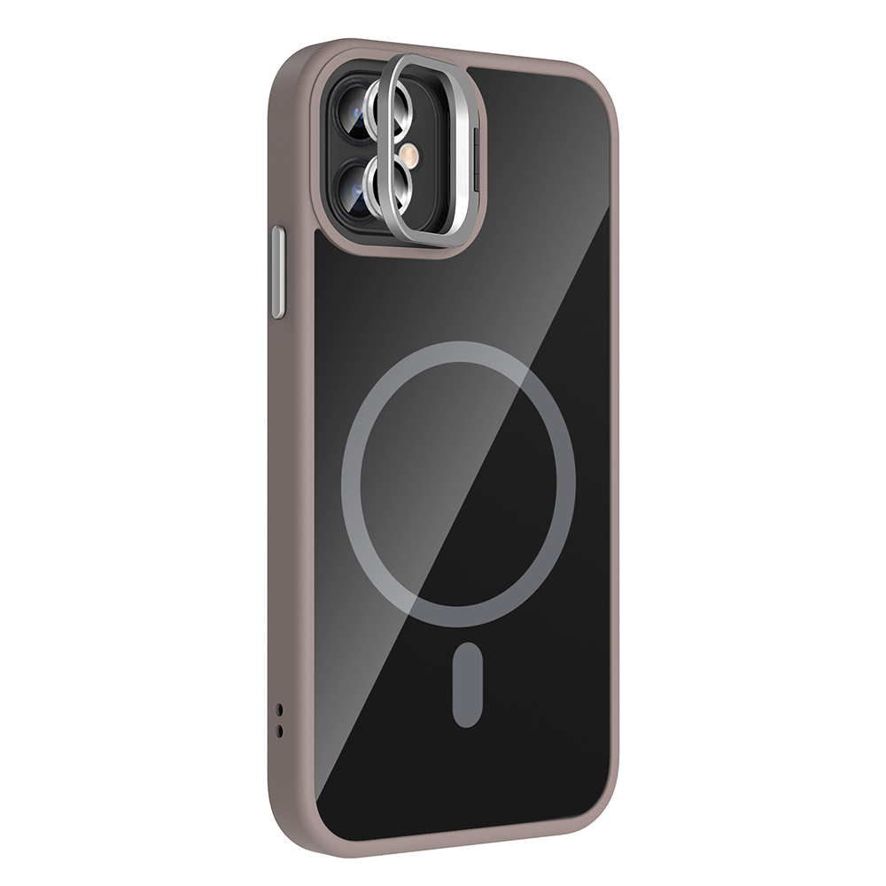 Kamera lens koruyuculu şeffaf telefon kılıfı. Kılıf şeffaf, gri kenarlı ve manyetik şarj dairesi.