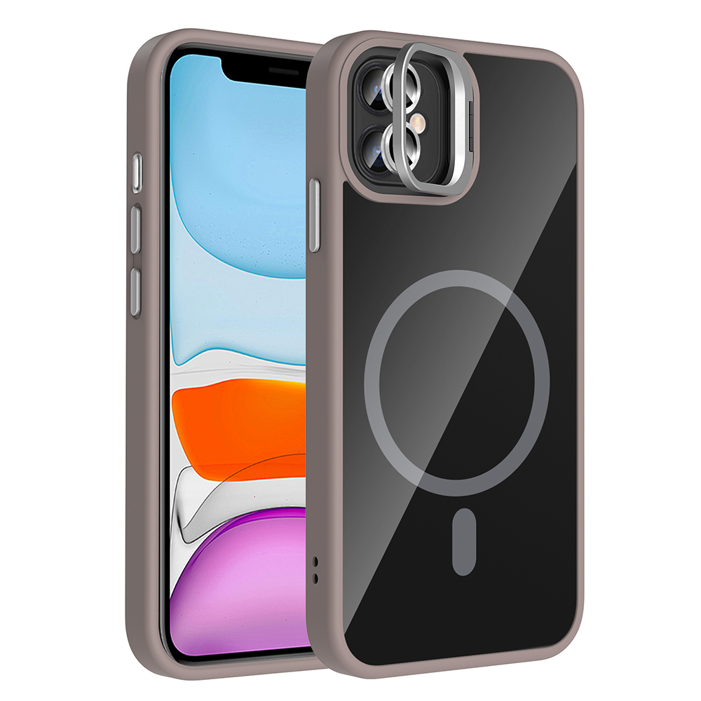 Renkli çerçeveli şeffaf telefon kılıfı. İçinde mavi, turuncu ve beyaz ekranlı bir telefon var. Lens koruyucuya sahip.