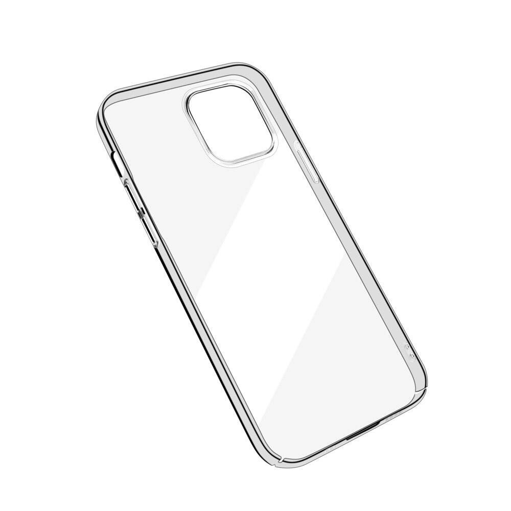 Şeffaf bir telefon kılıfı, hafif açılı, kamera ve düğme boşlukları ile. Kılıf beyaz bir arka plan üzerinde.