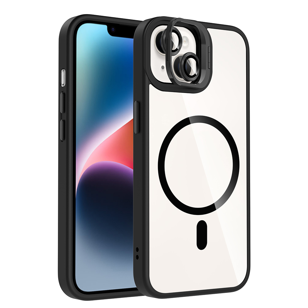 Siyah beyaz kılıflı bir iPhone. Kılıfın siyah bir halkası ve altında siyah bir çizgi var. Telefon ekranı görünüyor.