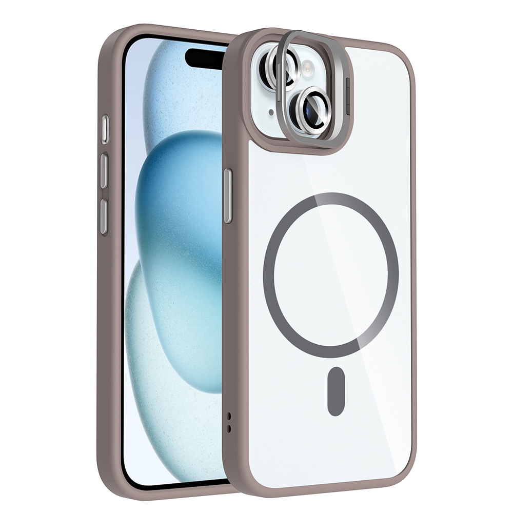 Gri çerçeveli şeffaf bir kılıf içinde bir iPhone. Kılıfın kamera koruyucusu ve dairesel manyetik şarj alanı vardır.