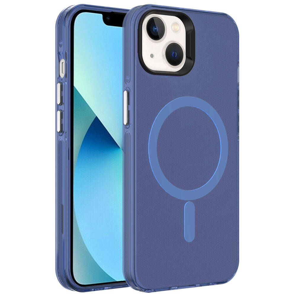 Beyaz zemin üzerinde mavi kılıflı bir iPhone. Kılıfın üzerinde bir halka ve bir çizgi var.