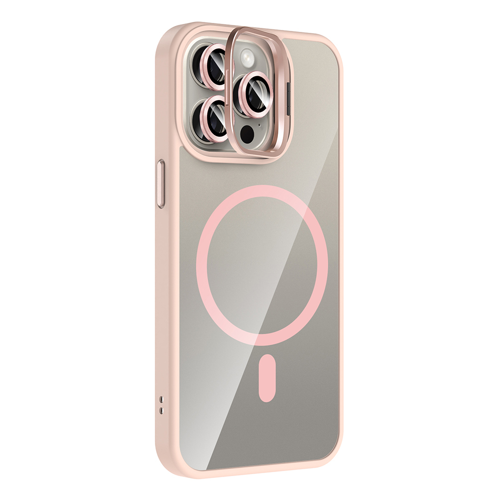 Şeffaf arka yüzü olan pembe telefon kılıfı. Kamera lensleri için bir halka ve arka tarafta pembe bir daire ve çubuk bulunur.