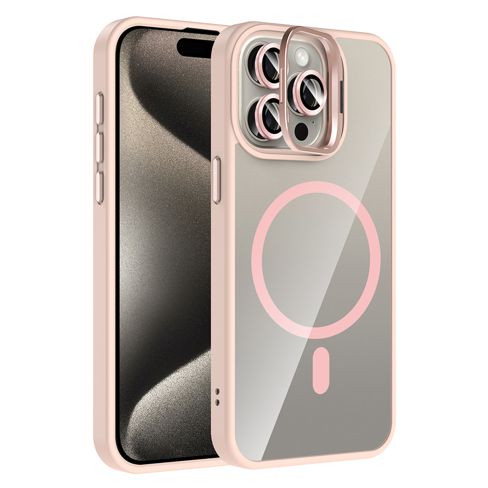 LOPARD iPhone 15 Pro Max Uyumlu Standlı ve Kamera Lens Hediyeli Mgsafe Şarj Özellikli Etro Telefon Kılıfı Pembe
