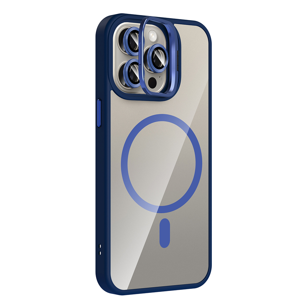 Mavi detaylı şeffaf iPhone kılıfı. Mavi daire ve kısa çizgi. Lens koruyucu ve mavi çerçeve.