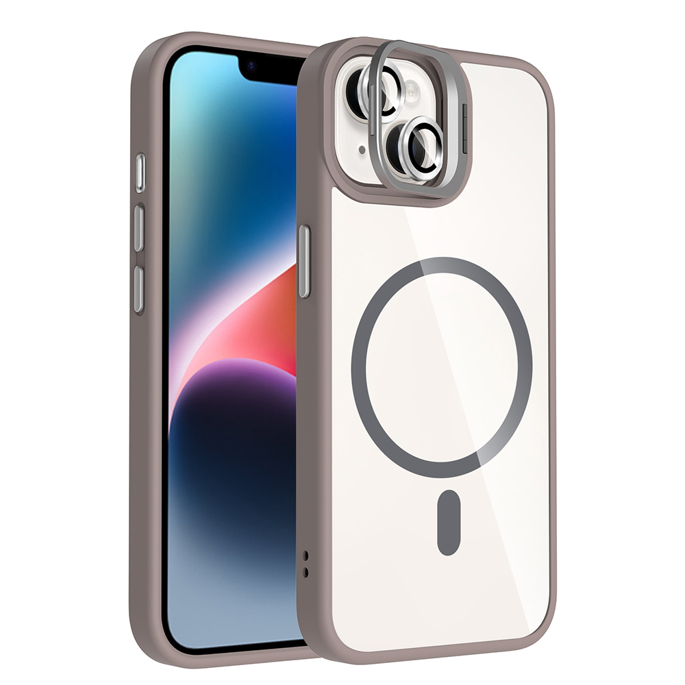 Gri çerçeveli, şeffaf bir kılıf içinde bir iPhone. Kılıfın üzerinde bir daire ve bir çizgi, ayrıca bir kamera koruyucu var.