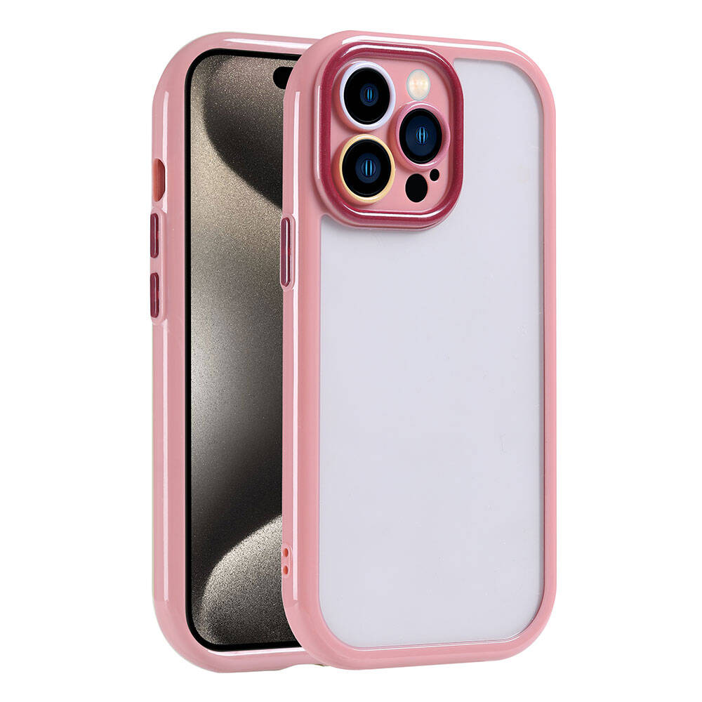 Pembe ve şeffaf bir telefon kılıfı gösteriliyor. Telefonun, kamera lenslerinin görülebildiği siyah bir ekranı var.