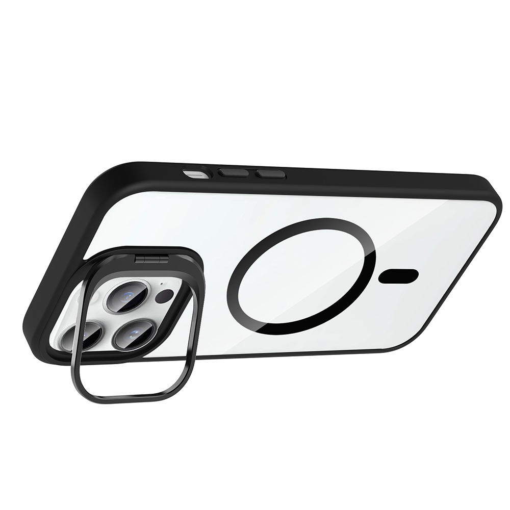 Siyah bir telefon kılıfı, şeffaf arka kısım ve halka tutucu ile telefonun kamera lenslerini gösteriyor. Kılıf açılı, detayları gösteriyor.