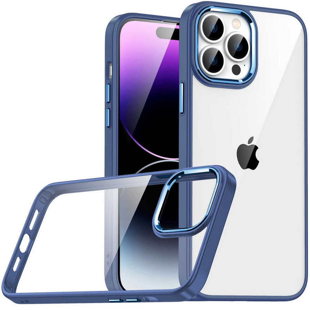 Mavi çerçeveli şeffaf telefon kılıfı. İçinde bir iPhone var. Apple logosu görünür.