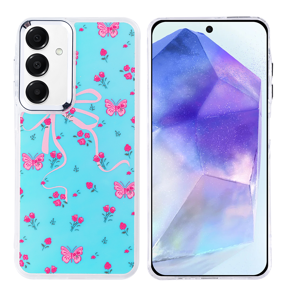 Bir akıllı telefon ve bir telefon kılıfı. Kılıf, pembe kelebekler ve çiçeklerle turkuaz bir arka plana sahip. Ekran mor bir kristal gösteriyor.