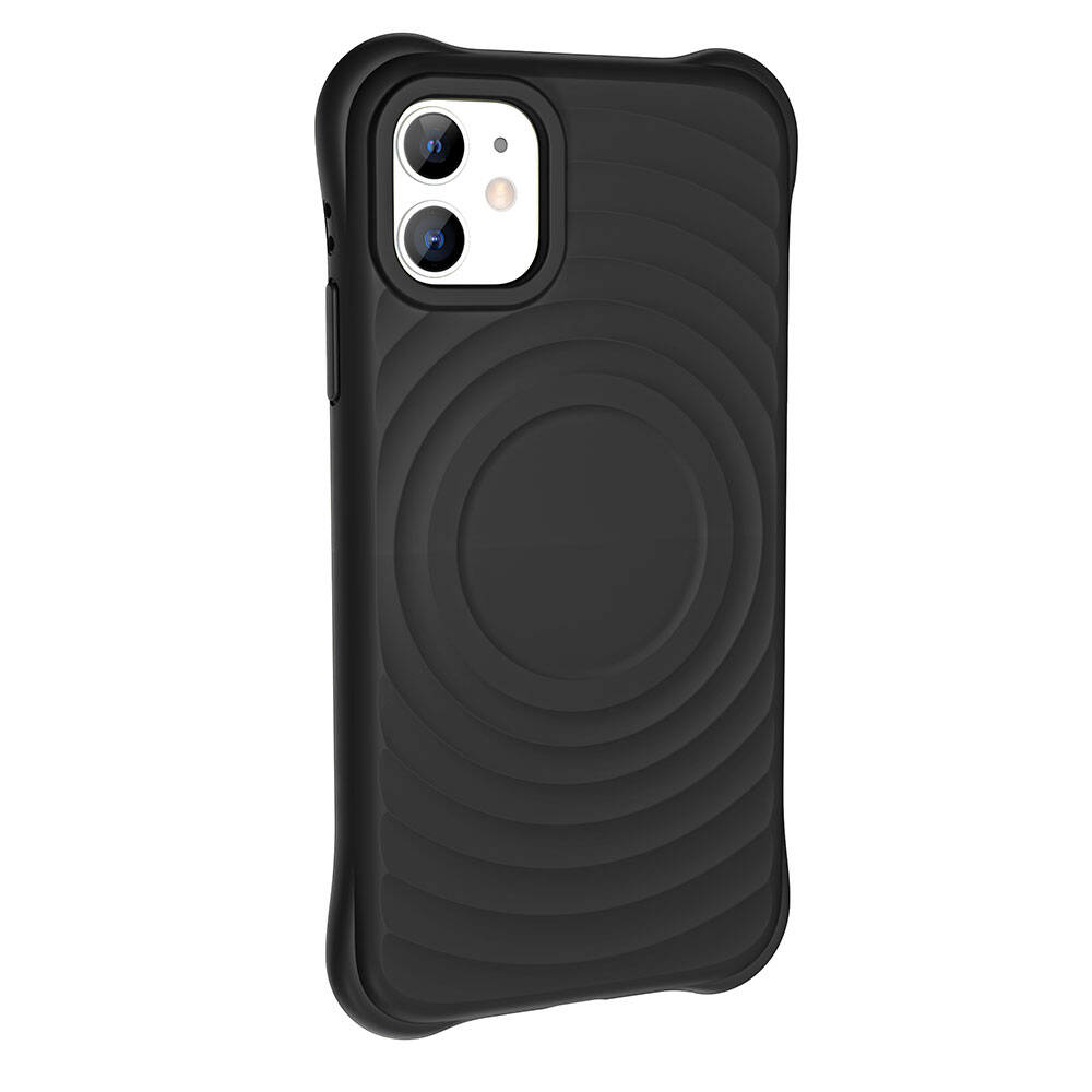 Dokulu arka kısma sahip siyah telefon kılıfı. Kamera oyuğu ve dairesel tasarım içerir.