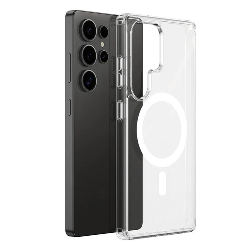Şeffaf kılıflı siyah bir akıllı telefon. Kılıfın üzerinde beyaz bir daire ve bir çizgi var. Telefonun üç kamerası var.