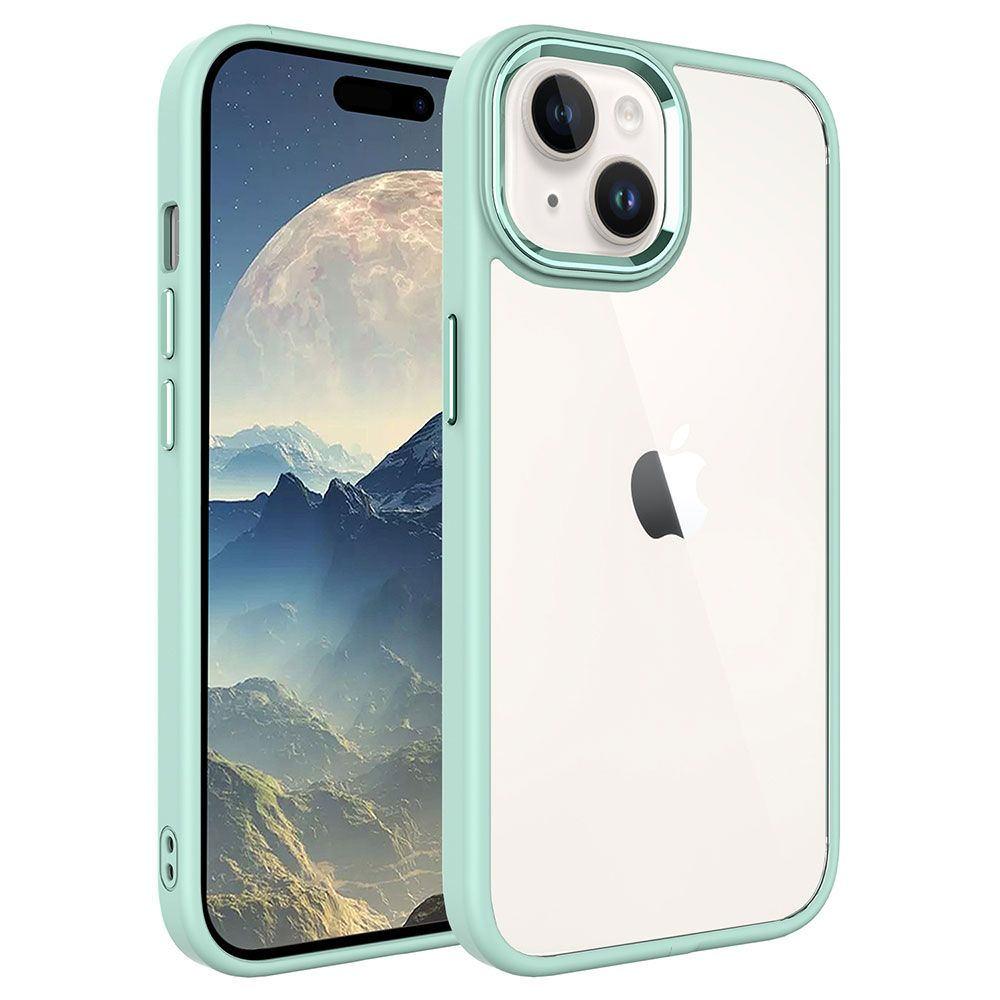 İki turkuaz telefon kılıfı. Biri bir manzara içeren bir telefonda, diğeri boş, Apple logosunu gösteriyor.