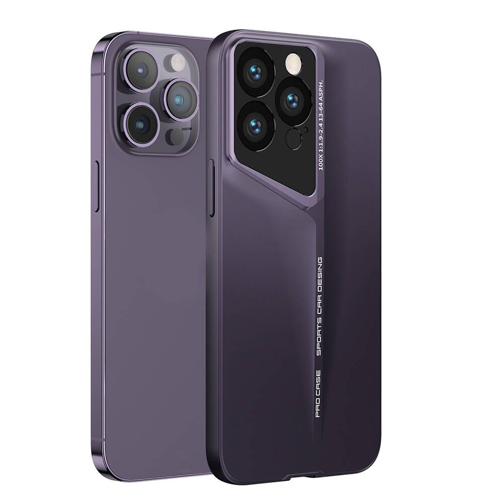 İki mor akıllı telefon kılıfı, biri kamera tarafı görünür. Kılıf 'PRO CASE SPORTS CAR DESING' yazıyor ve kamera detayları var.