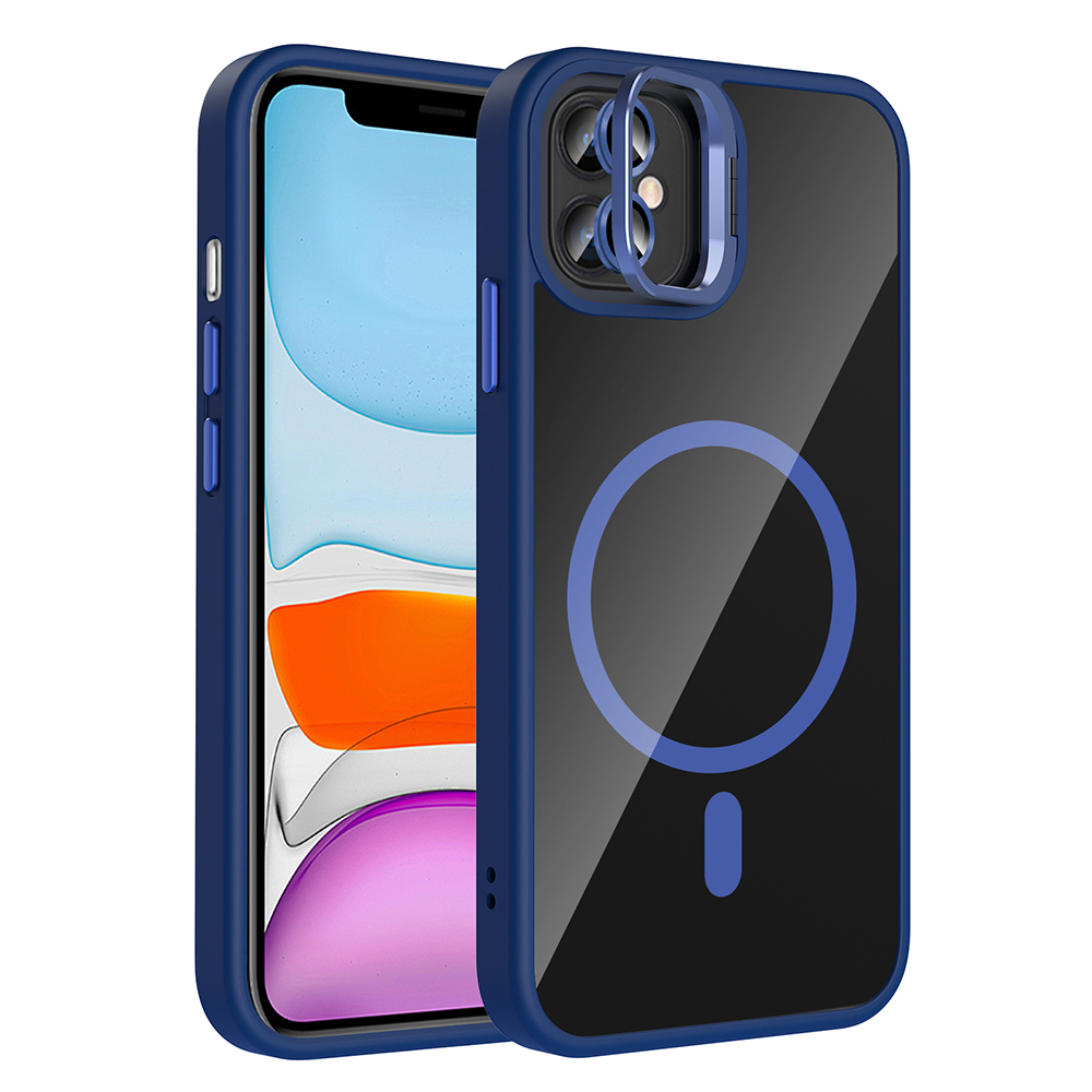 Mavi ve şeffaf kılıf içinde bir telefon. Kılıfın arkasında manyetik bir daire ve kamera lens koruyucusu var.