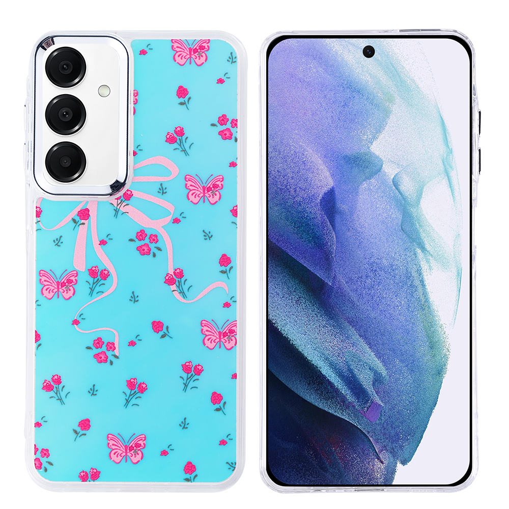 Mavi arka plan, pembe kelebekler ve çiçeklerle bir telefon kılıfı. Mor soyut bir tasarım gösteren ekranlı bir telefon.