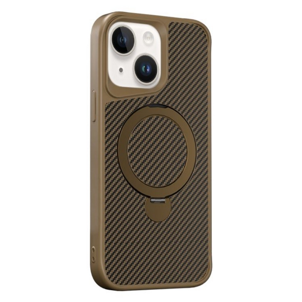 Karbon fiber desenli ve halka tutuculu bir telefon kılıfı. Kılıf bronz renkli. Telefonun kamerası üstte görünüyor.