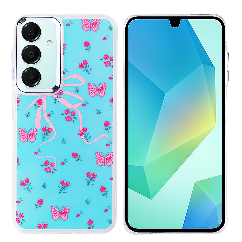 Pembe kelebekler, güller ve kurdele desenli mavi kılıflı bir akıllı telefon. Ekran soyut şekiller gösteriyor.