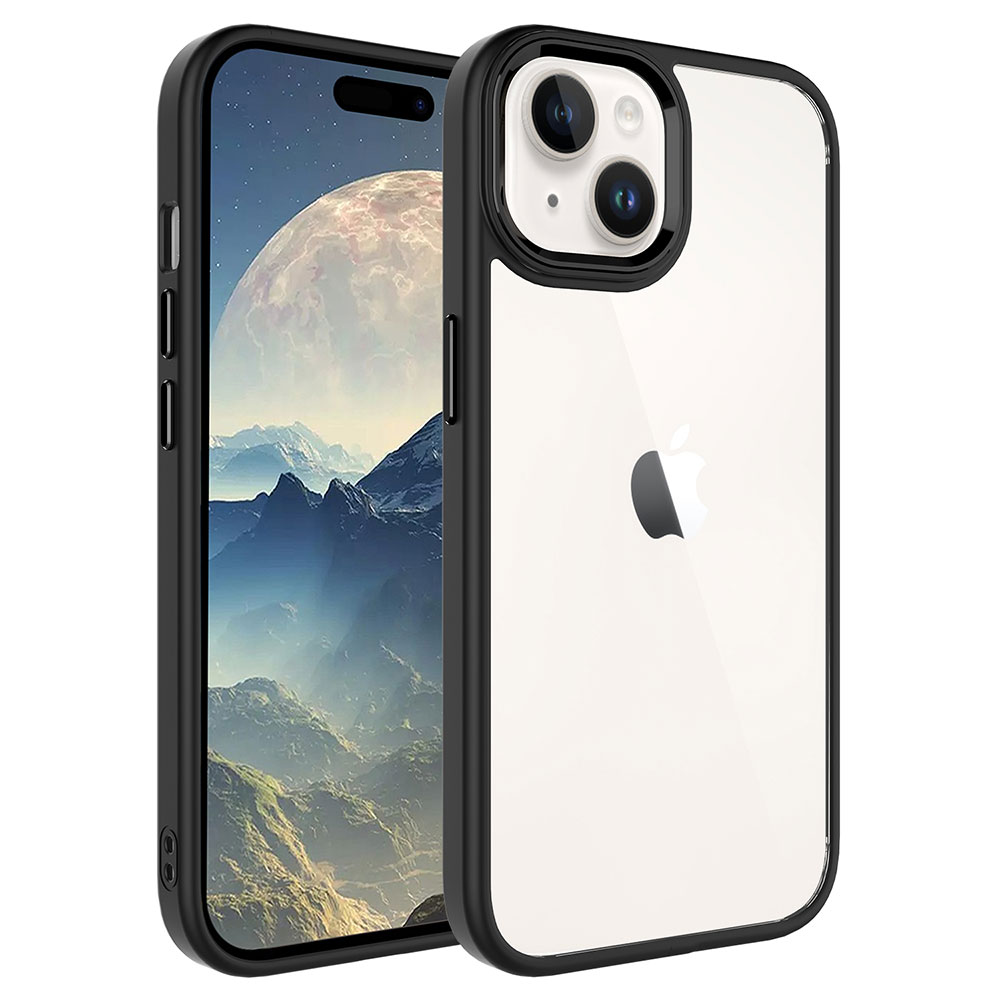 Yan yana iki iPhone, biri manzara gösteriyor, diğeri Apple logosu taşıyor. Her ikisinde de siyah koruyucu kılıflar var.