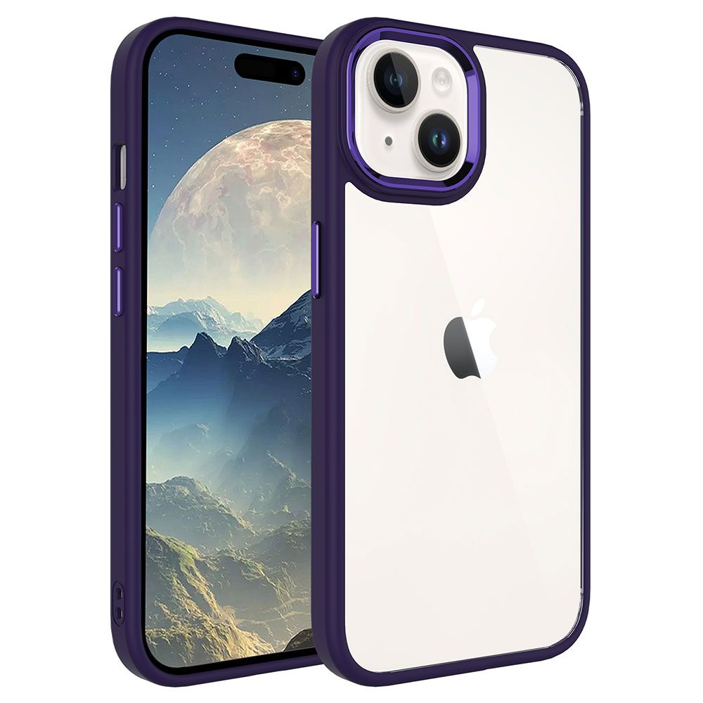 Mor kılıflı iki akıllı telefon gösteriliyor. Birinde bir gezegen ve dağları gösteren bir ekran var. Diğerinde bir Apple logosu var.