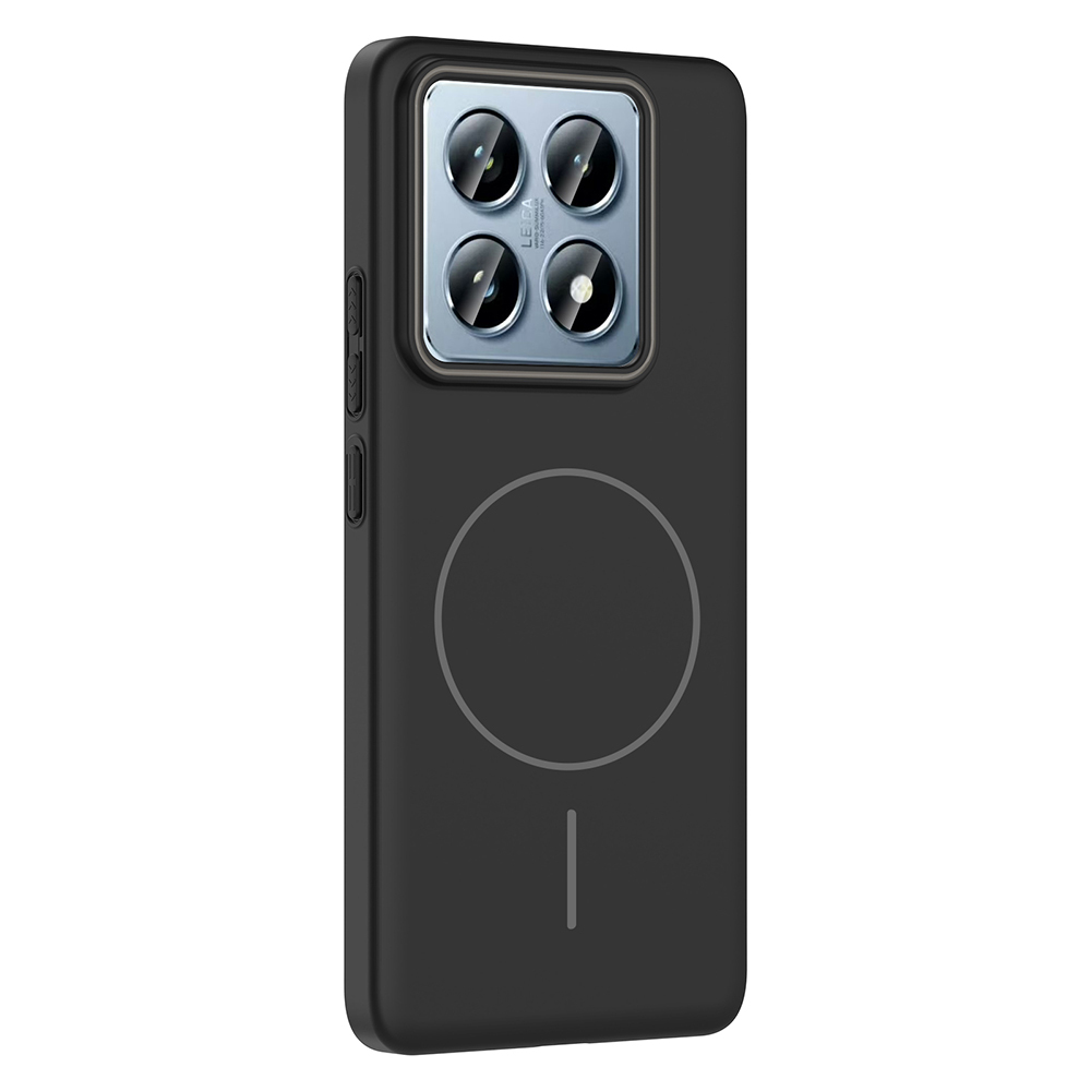 Arkasında kamera modülü ve dairesel tasarım bulunan siyah bir telefon kılıfı. Kılıf, şık ve minimalist bir estetiğe sahip.