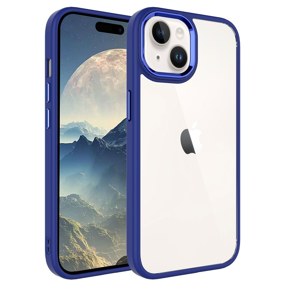 İki telefon, biri gezegen ve dağları gösteren bir ekranla, her ikisi de mavi ve şeffaf kılıflarda. Bir Apple logosu görünür.
