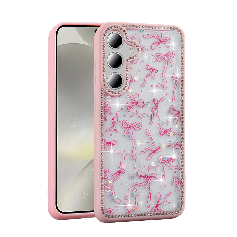 Rhinestone'larla çevrili, fiyonk desenli pembe telefon kılıfı. Korunan telefon görünür ve bir ekran gösteriyor.